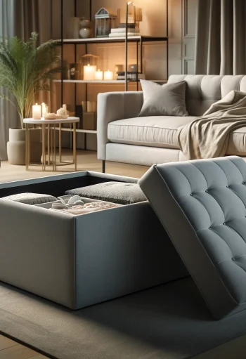 DALL·E 2024-06-07 12.00.19 - A stylish and practical ottoman storage box displayed in a modern living room setting. The ottoman is made from a soft, plush fabric in a light gray c